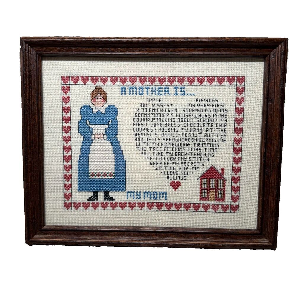 Vintage Framed Cross Stitch "A Mother Is My Mom" Heart Poem Folk Art Wall Decor